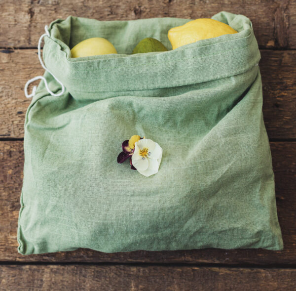 Eco friendly plastic free grocery delivery and shopping. Fresh apples, avocado, lemons in cotton bag with flower on rustic wooden table. Zero waste. Organic fruits and vegetables in reusable bag