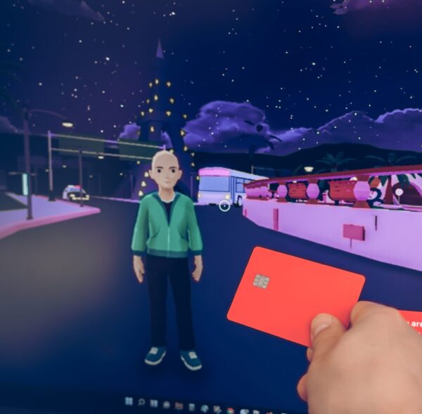 Russia Moscow 19.01.2022 Logo of metaverse. Investing in digital universe, real estate. Buy land in virtual world. Blockchain nft cryptocurrency.Man with mobile phone.Play-to-earn.Buing accessories.